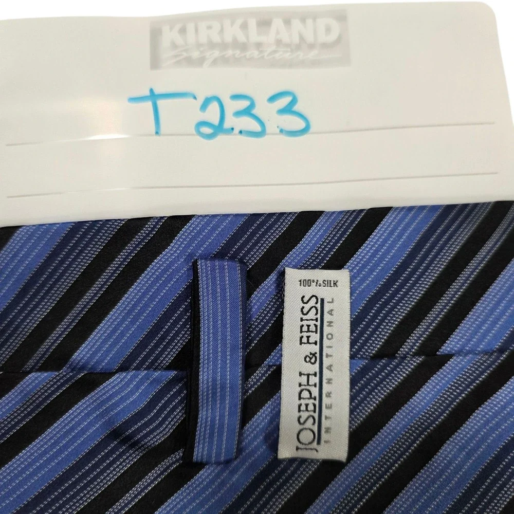 Joseph Feiss International Mens Necktie Blue Black Silk Striped Woven‎ Classic